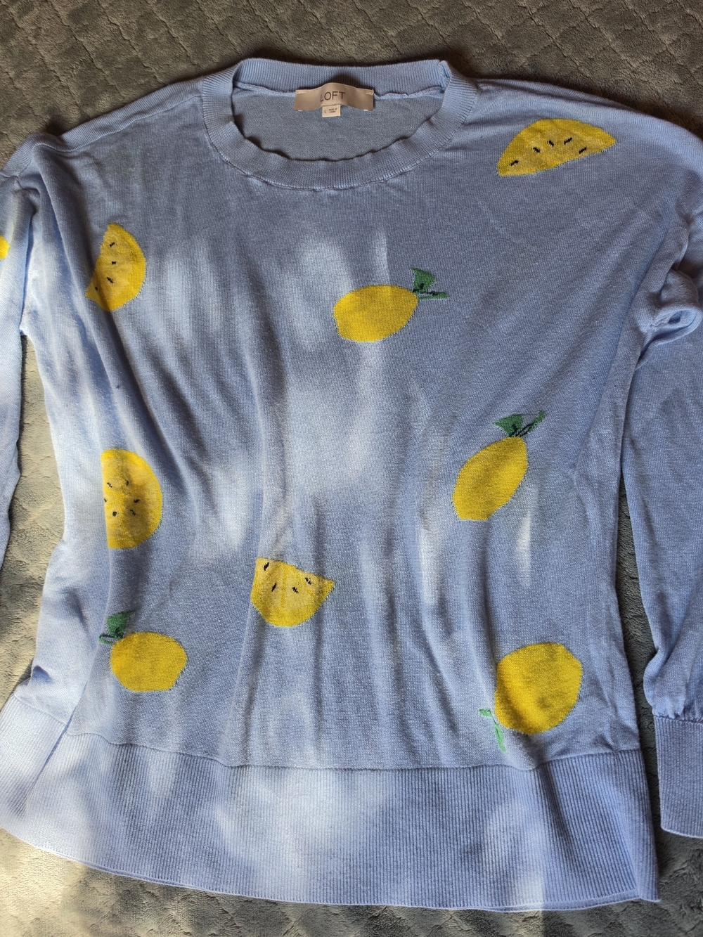 LOFT Lemon Print Knit Crewneck Sweater Light Blue Yellow Size L